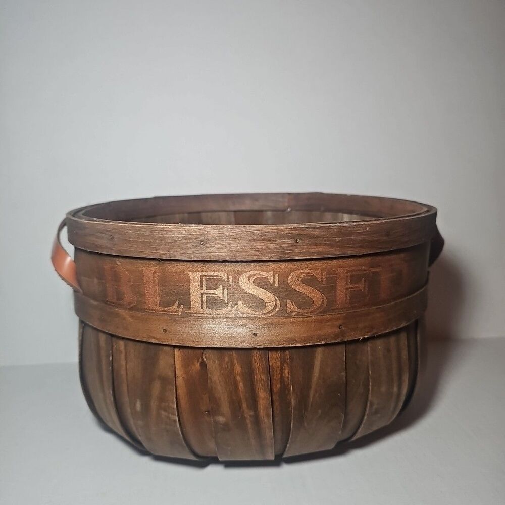 Oval Harvest Large Wooden Bread Basket with Leather Handles Blessed